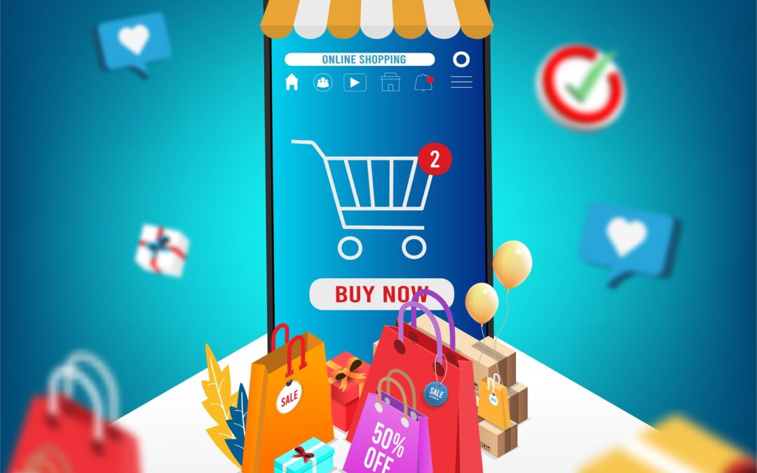 Illustration d’un smartphone avec un panier d’achat en ligne et des sacs de shopping colorés autour, symbolisant le commerce en ligne et les réseaux sociaux