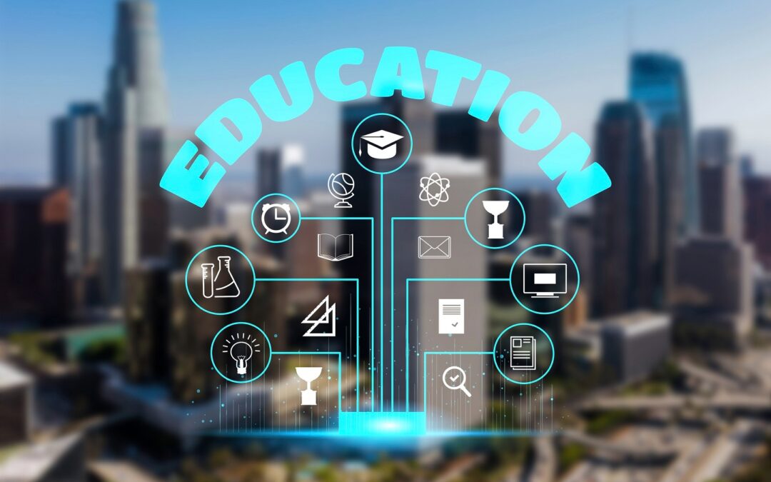 Mot EDUCATION avec des icônes d’apprentissage sur fond de ville