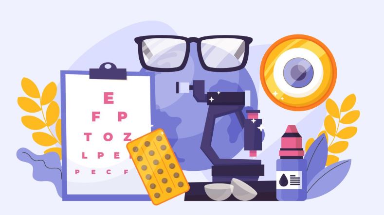 Une illustration graphique regroupant divers éléments liés aux soins de la vue : une paire de lunettes, une charte de test optique avec des lettres (E, F, P, etc.), un œil stylisé, un appareil de mesure médical, une plaquette de pilules et un flacon de gouttes ophtalmiques.