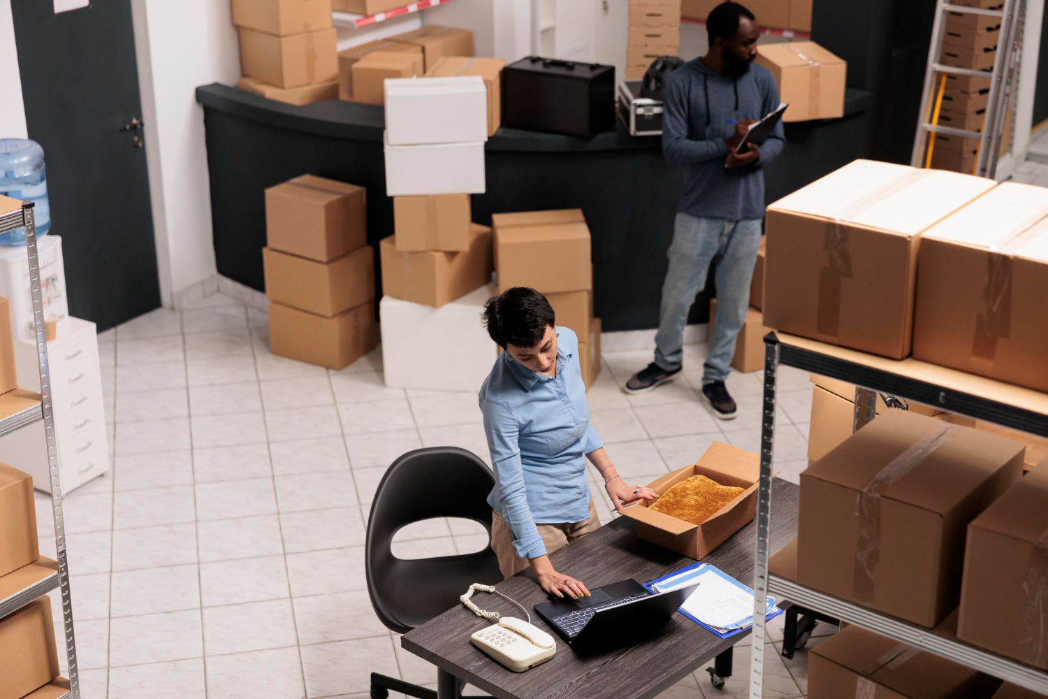 une femme à son bureau en train d'inspecter un colis tout en utilisant un ordinateur portable dans un entrepôt logistique rempli de cartons, sous le regard d'un collègue prenant des notes