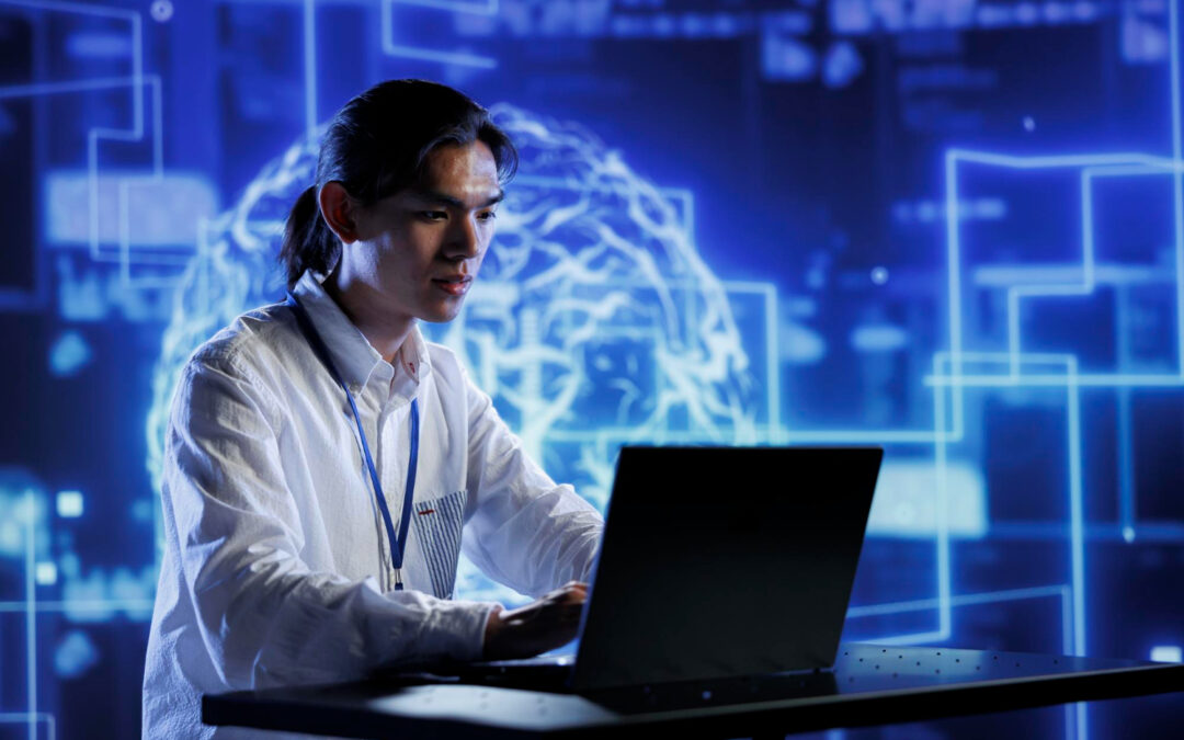 Un homme travaille sur son ordinateur portable devant un fond numérique bleu illustrant des circuits et un cerveau en intelligence artificielle.